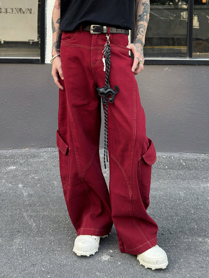 Structure Design Curved Cut Contrast Stitching Wide Leg Denim Jeans WN23018