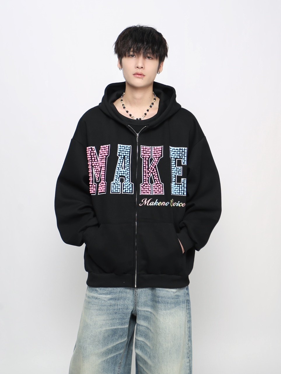 Letter Pearl Embroidery Zipper Hoodie WN24453