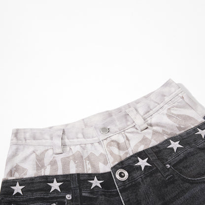 Star Damage Washed Wide Leg Denim Jeans WN25519
