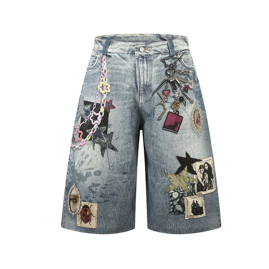 Washed Charm Patch Wide Leg Cropped Denim Jeans WN25564