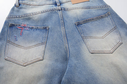 Washed Damage Graphic Denim Half Jeans WN28002