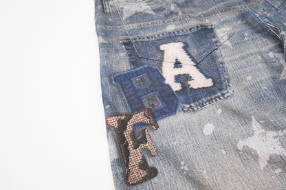Star Print Fake Layered Curved Wide Leg Denim Jeans WN25728