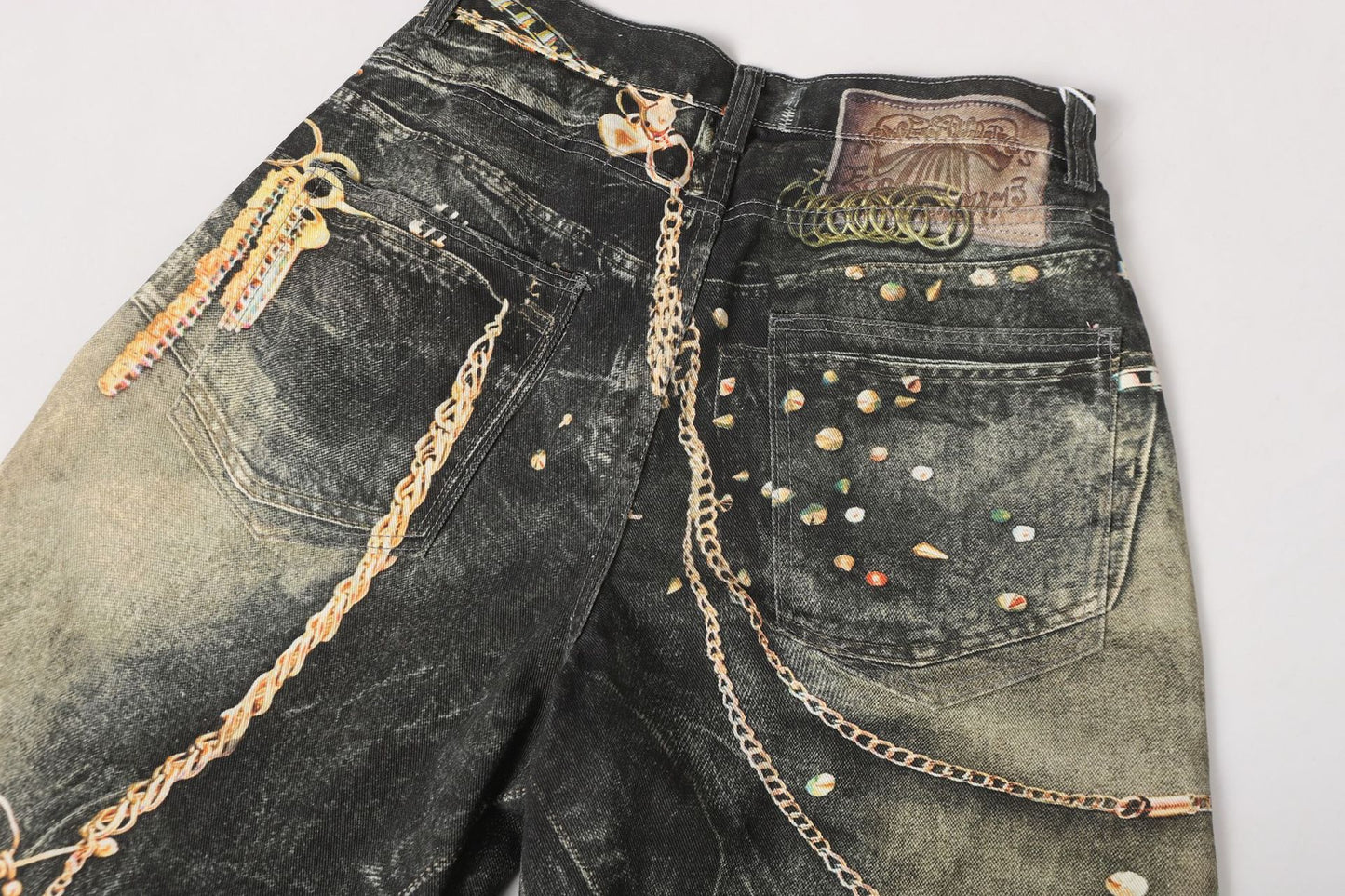 Chain Paint  3D Print Washed Wide Leg Denim Jeans WN25475
