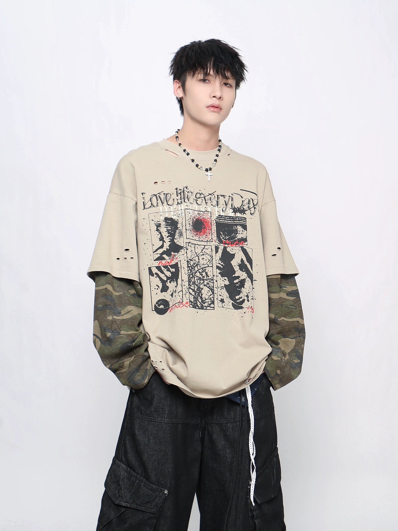 Camouflage Fake Layered Damage Hole Long Sleeve T-Shirt WN21037