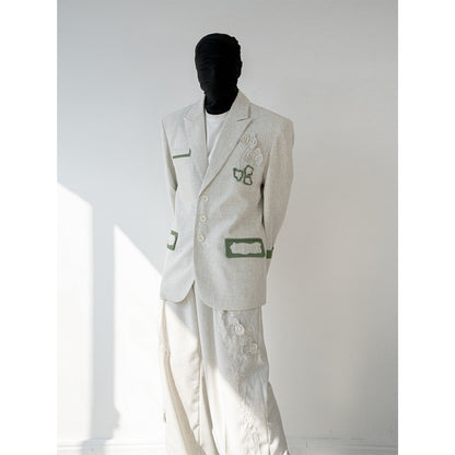 Linen Blend 3D Flower Tailored Jacket & Trousers Setup WN23838