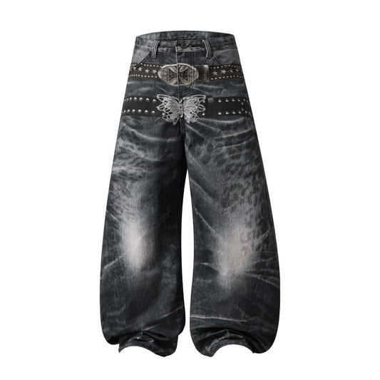 Studs Detail Washed Wide Leg Denim Jeans WN28036