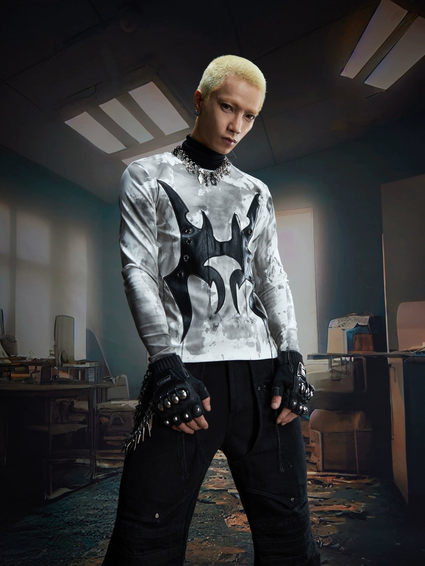 Tie-dye PU Mix Fringe Long Sleeve T-Shirt WN20821