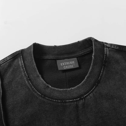 Washed Heavyweight Zipper Design Embroidery Short Sleeve T-Shirt WN14015