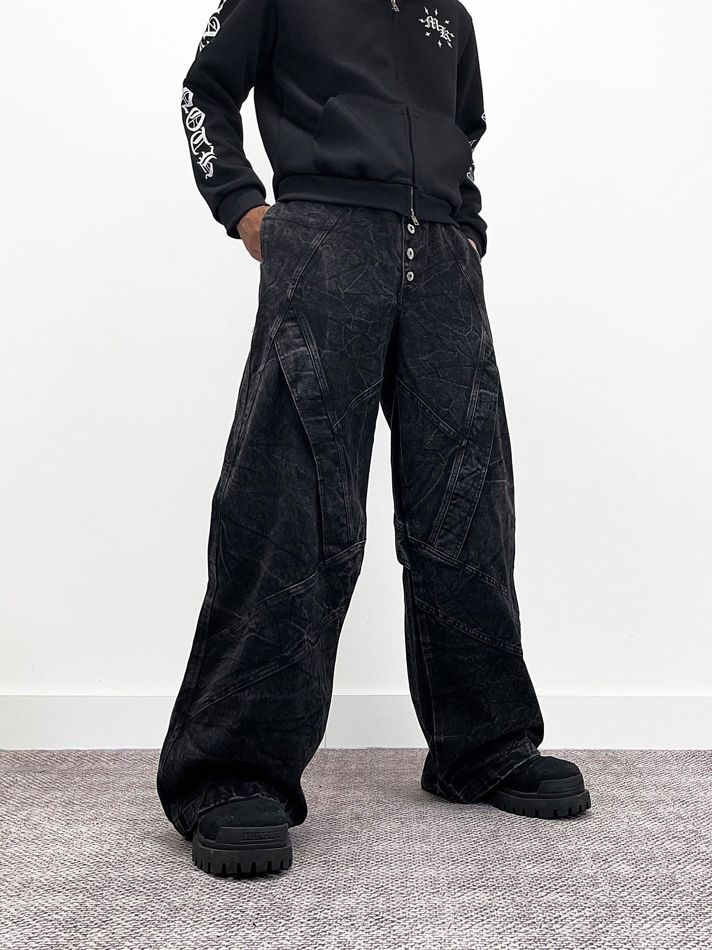 Cracked Wash Deconstructed Wide Leg Denim Jeans WN24278