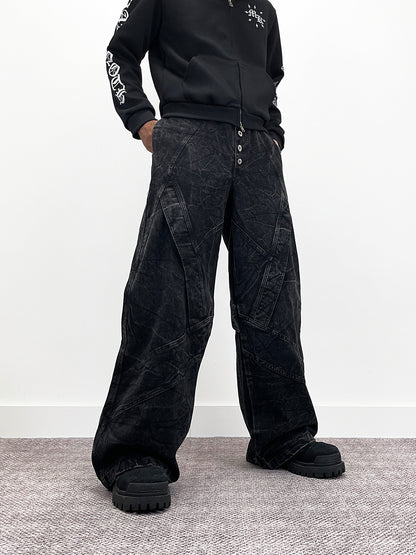Cracked Wash Deconstructed Wide Leg Denim Jeans WN24278