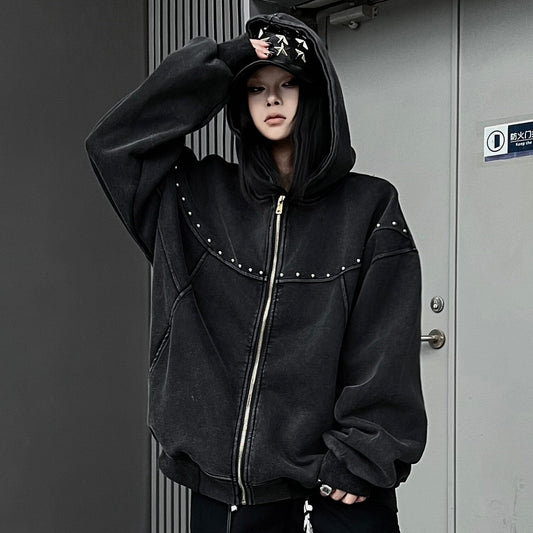 Studs Detail Oversize Zipper Hoodie WN24179