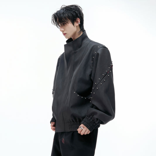 Studs Textured Standing-Collar Jacket WN20541
