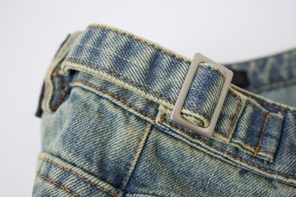Washed Whisker Metal Buckle Denim Half Pants WN25513