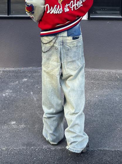 Fake Layered Double Waist Patchwork Wide Leg Denim Jeans WN23019