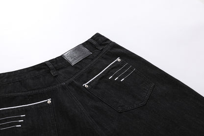 Embroidery Stripe Denim Half Jeans WN25965