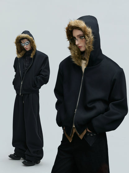 Fur Collar Zipper Hoodie & Sweatpants Setup WN21744