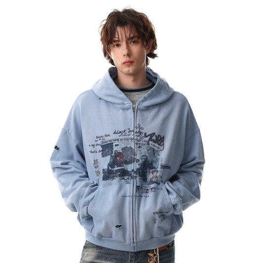 Graffiti Print Washed Damage Zipper Hoodie WN27940