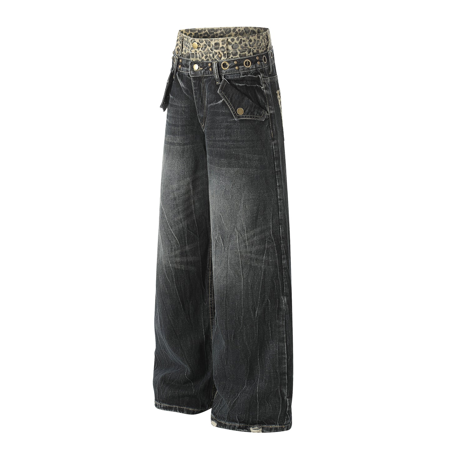 Leopard Waistband Washed Whisker Wide Leg Denim Jeans WN25566