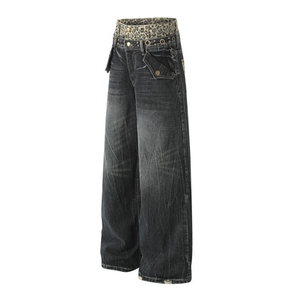 Leopard Waistband Washed Whisker Wide Leg Denim Jeans WN25566