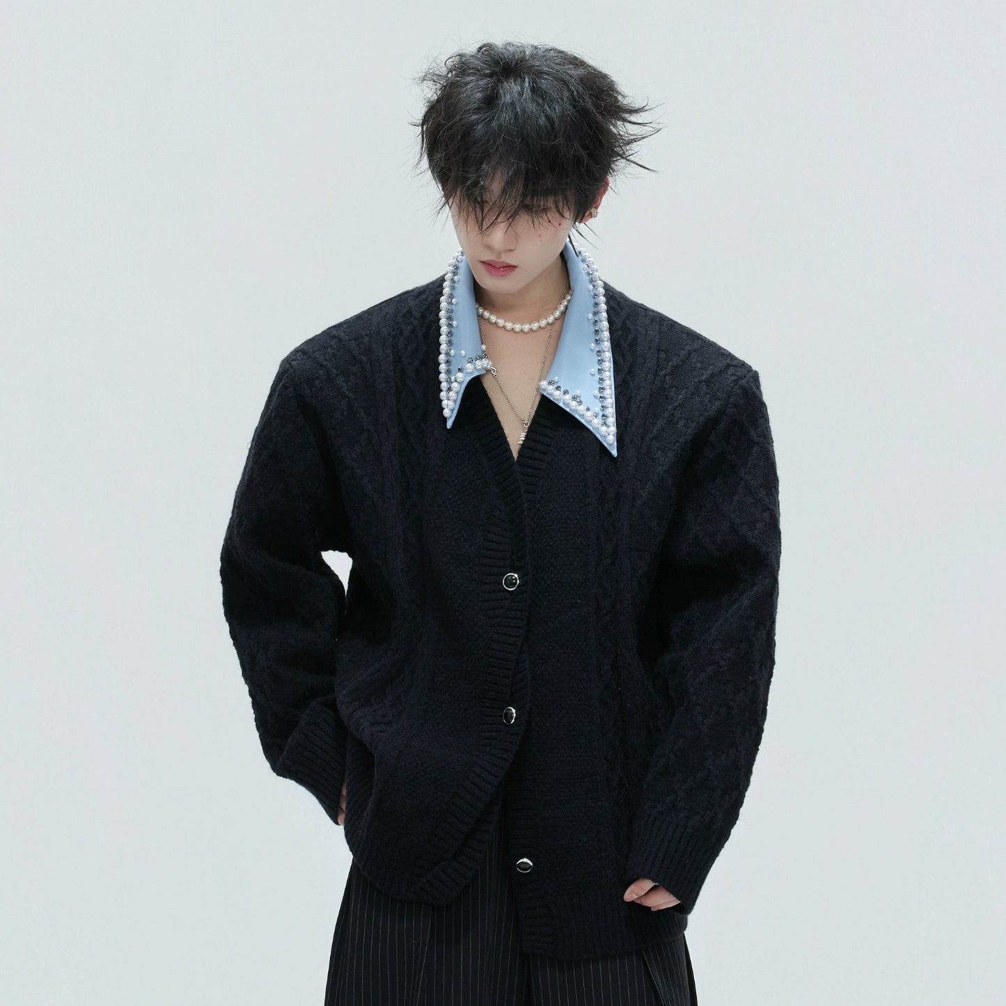 Fake Layered Pearl Embellished Lapel Thick Knit Cardigan WN21722