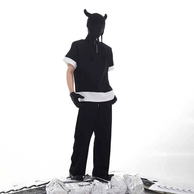 Half Zipper Stand Neck Shoulder-Pad Short Sleeve T-Shirt & Sweatpants Setup WN18620