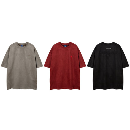 Cross Embroidery Suede Oversize Short Sleeve T-Shirt WN16554
