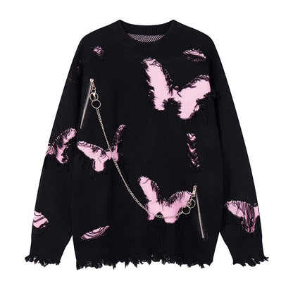 Asymmetric Butterfly Jacquard Chain Detail Knit Sweater WN11513