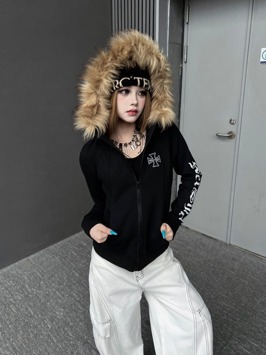 Fake Fur Collar Cross Print Hoodie WN24177