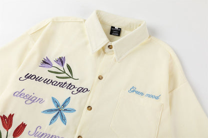 Corduroy Floral Embroidery Short Sleeve Shirt WN26835