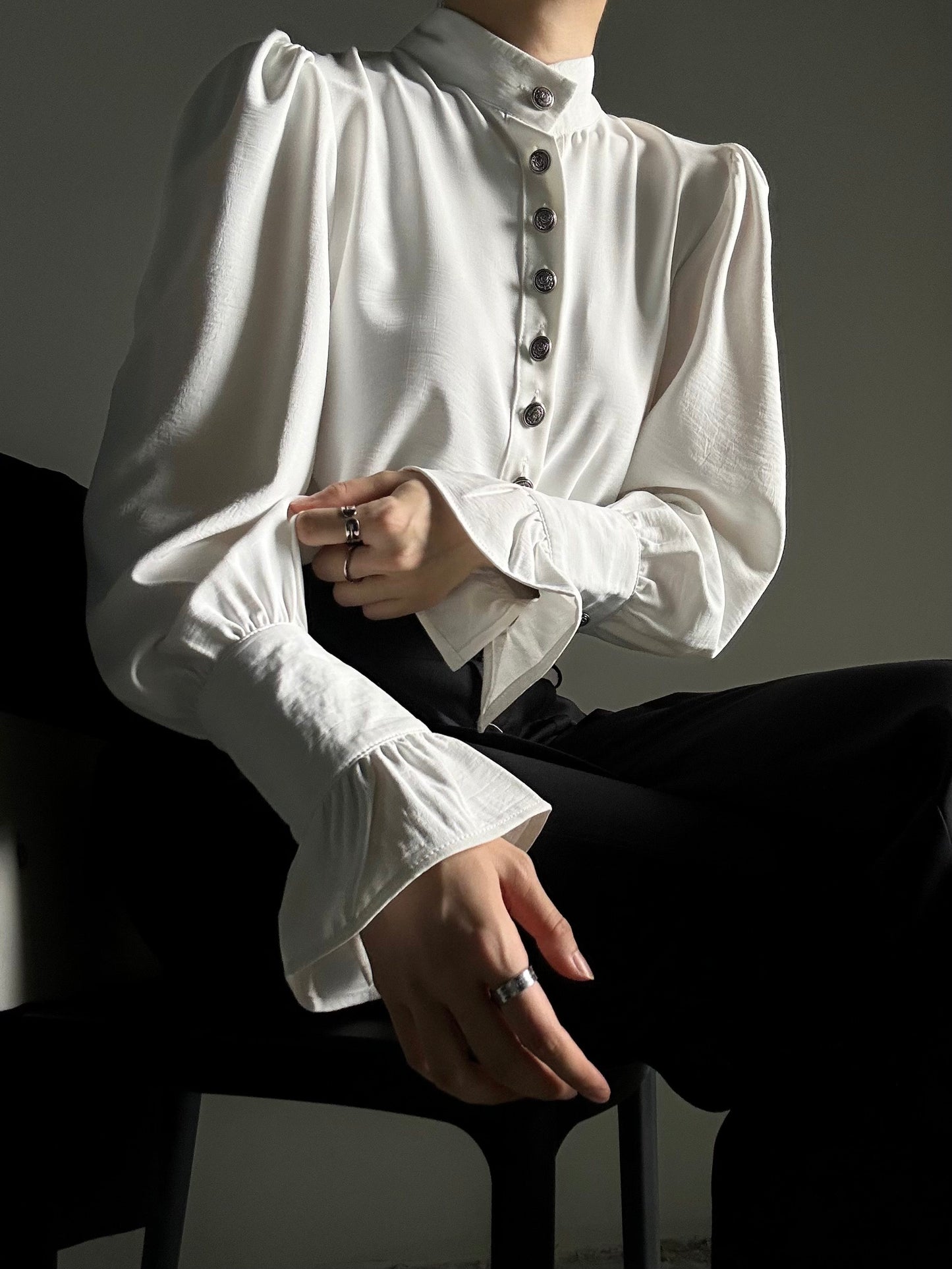 Standing-Collar Drape Design Long Sleeve Shirt WN23121