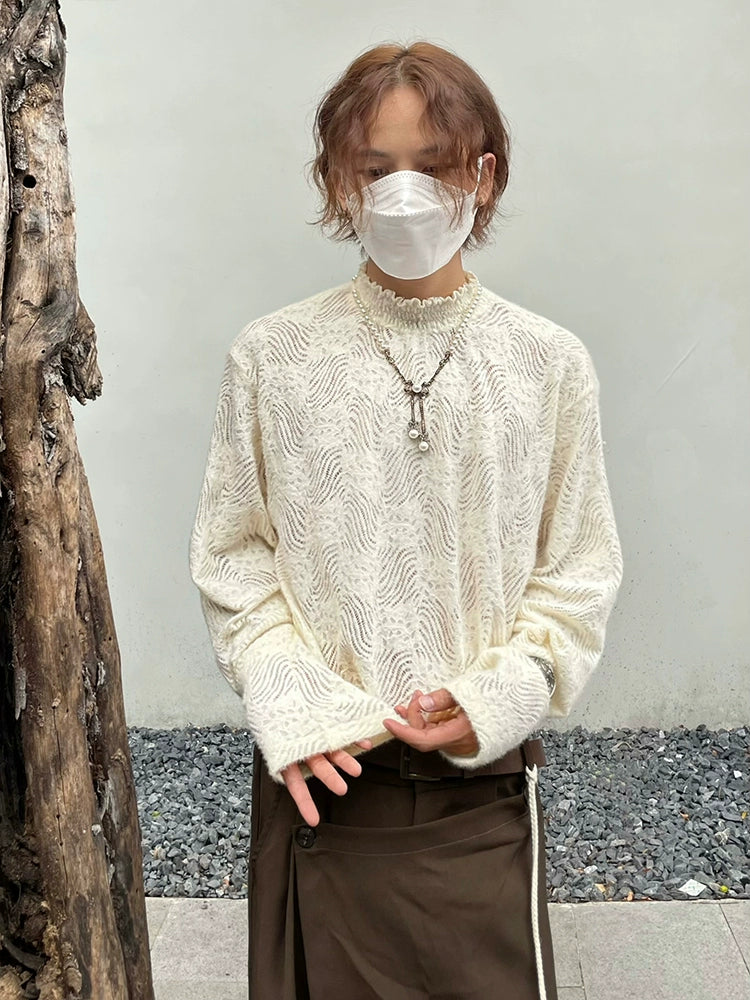 Brushed Lace Hollow High-Neck Long Sleeve T-Shirt WN20012