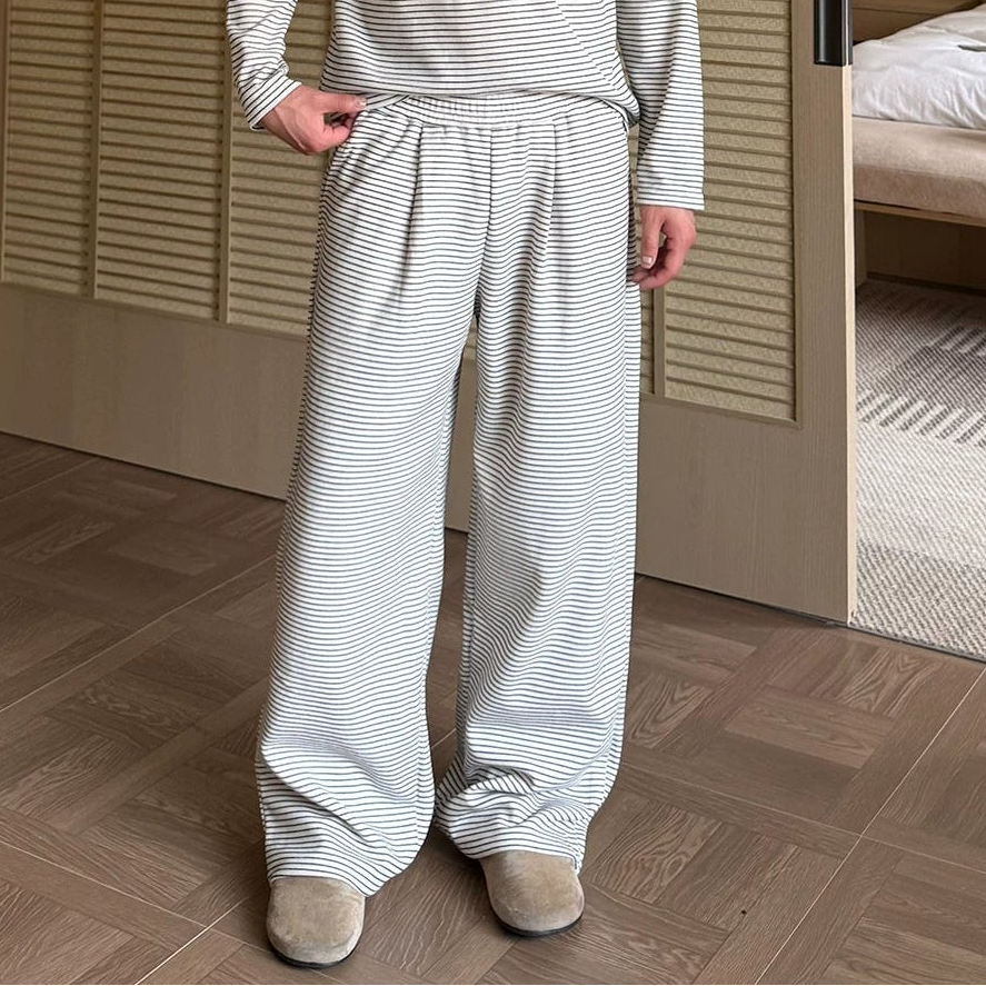 Stripe Henley Collar Long Sleeve T-Shirt & Elastic Waist Wide Leg Pants Setup WN24865