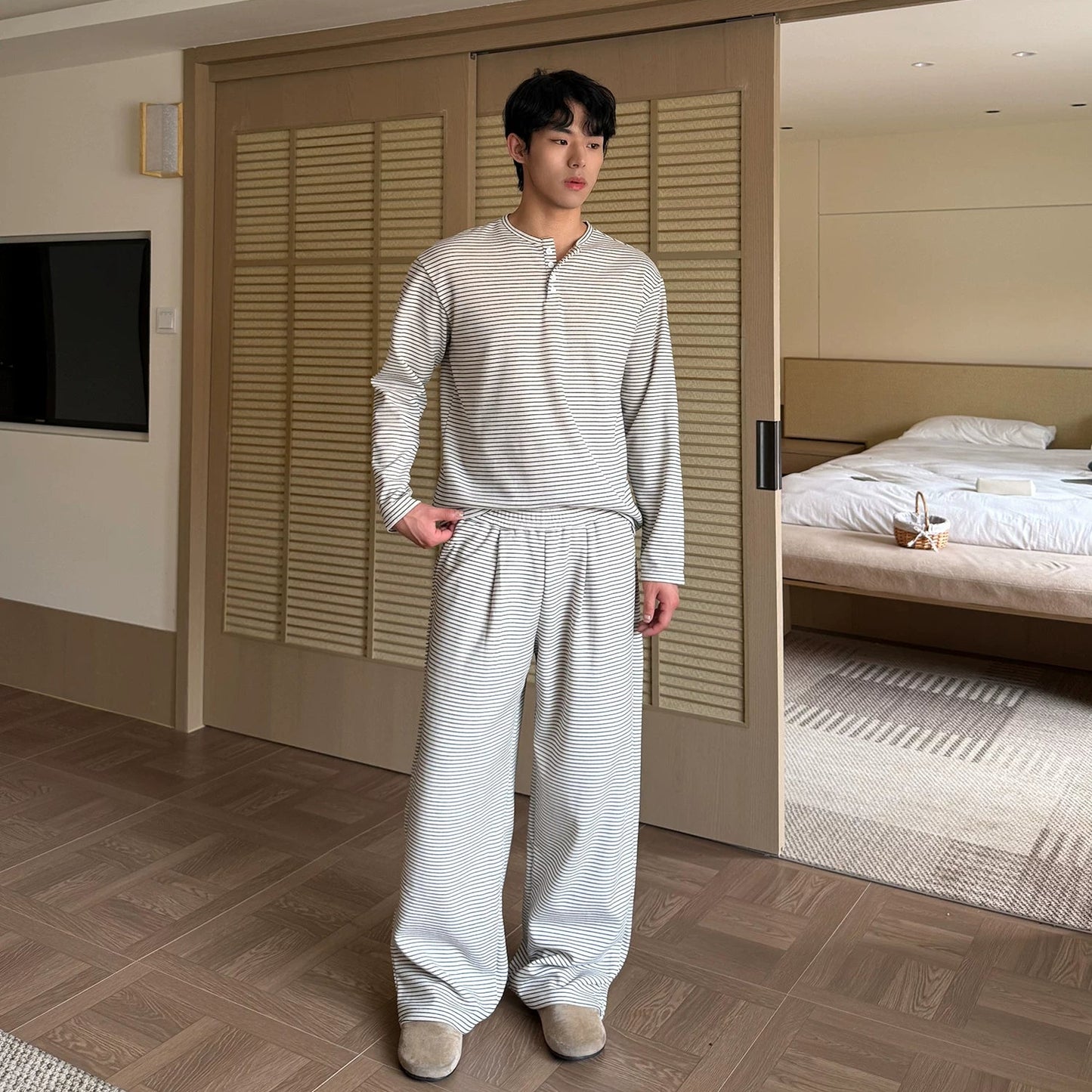 Stripe Henley Collar Long Sleeve T-Shirt & Elastic Waist Wide Leg Pants Setup WN24865