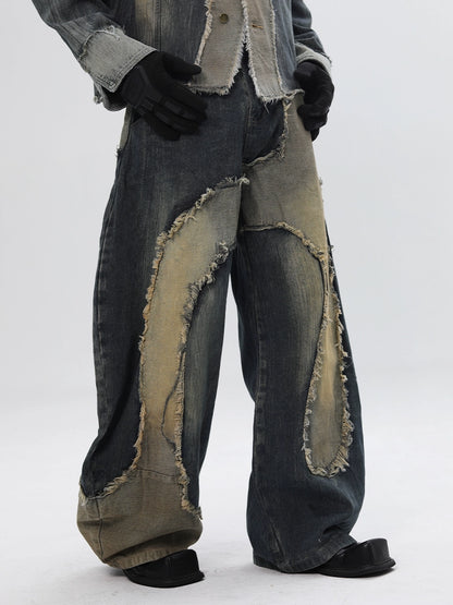 Deconstructed Patchwork Curved Blade Design Wide Leg Denim Jeans WN18660
