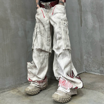 Damage Dye Print Wide Leg Cargo Denim Jeans WN21164