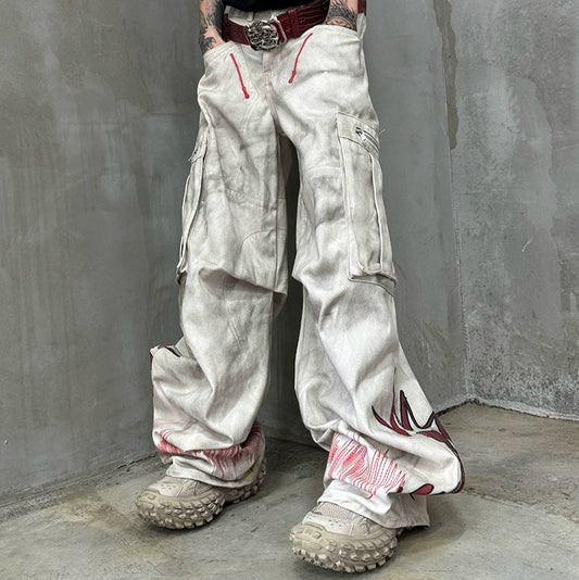 Damage Dye Print Wide Leg Cargo Denim Jeans WN21164