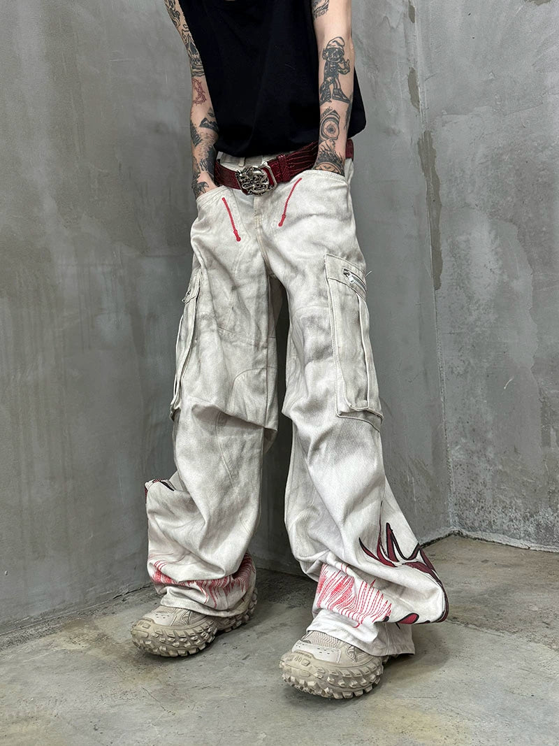 Damage Dye Print Wide Leg Cargo Denim Jeans WN21164