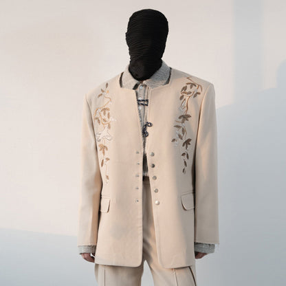 Floral Embroidery Tailored Jacket & Side Slits Wide-Leg Trousers Setup WN23635