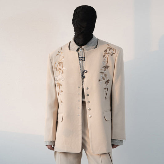 Floral Embroidery Tailored Jacket & Side Slits Wide-Leg Trousers Setup WN23635