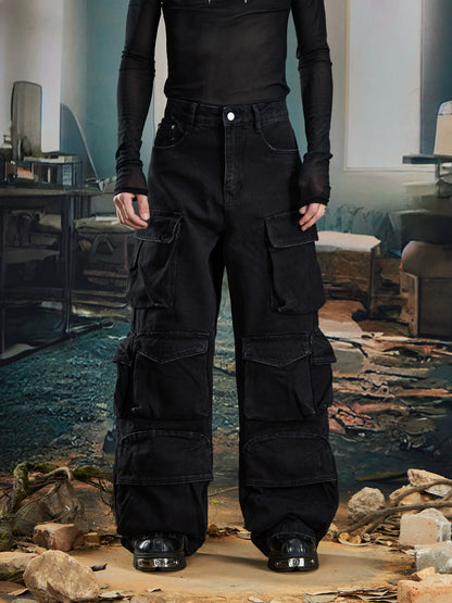 Washed Damage Multi-Pocket Cargo Denim Jeans WN20572