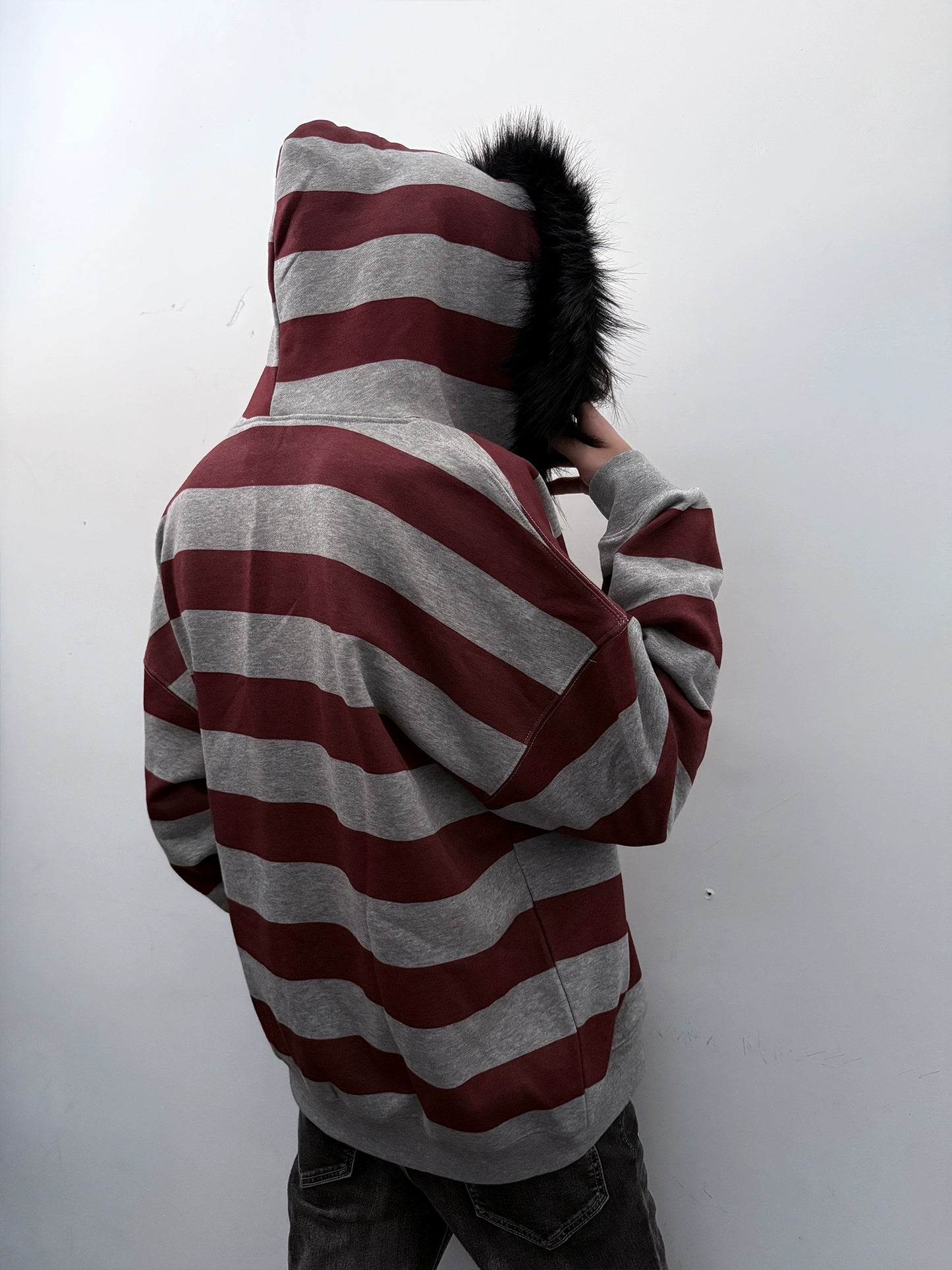Skull Cross Wide Stripe Fake Fur Collar Zipper Hoodie WN20920