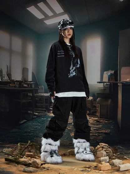 Washed Digital Portrait Slogan Print Stud Long Sleeve T-Shirt WN20559