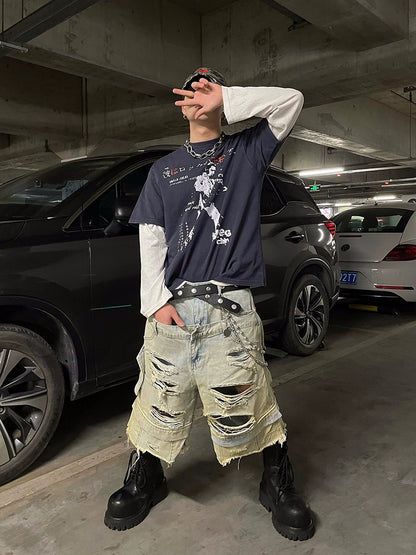 Double Waistband Mud Dye Damage Washed Straight Half Denim Jeans WN16306