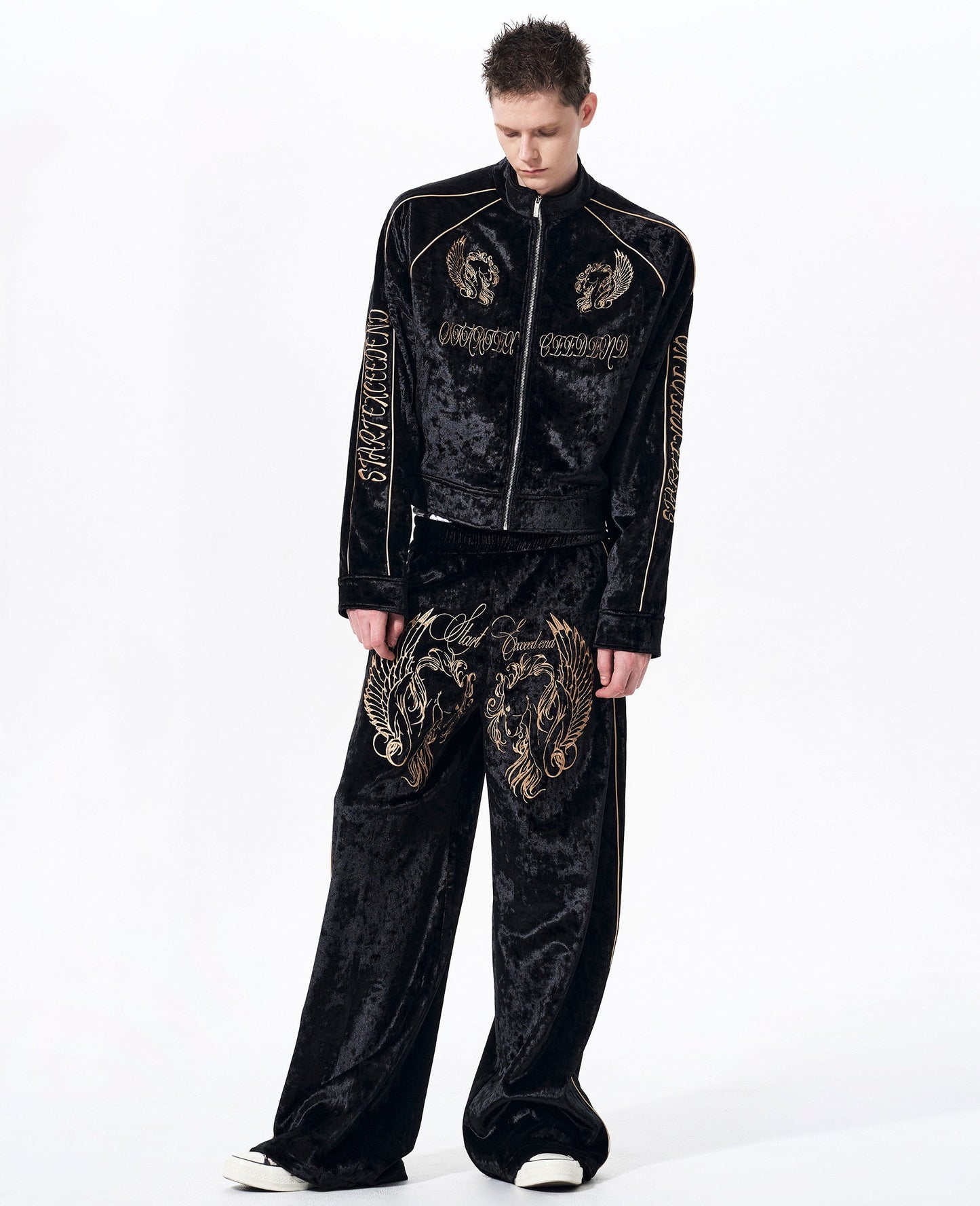 War Horse Embroidery Velvet Stand Neck Short Jacket & Pants Setup WN23277