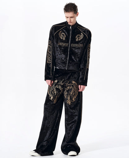 War Horse Embroidery Velvet Stand Neck Short Jacket & Pants Setup WN23277