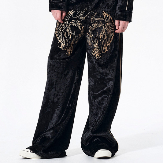 War Horse Embroidery Velvet Stand Neck Short Jacket & Pants Setup WN23277