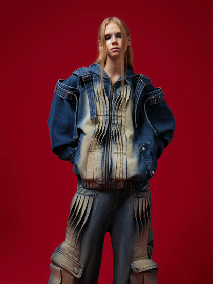 Heavyweight Zipper Denim Hooded Jacket & Wide Leg Denim Jeans Setup WN8685