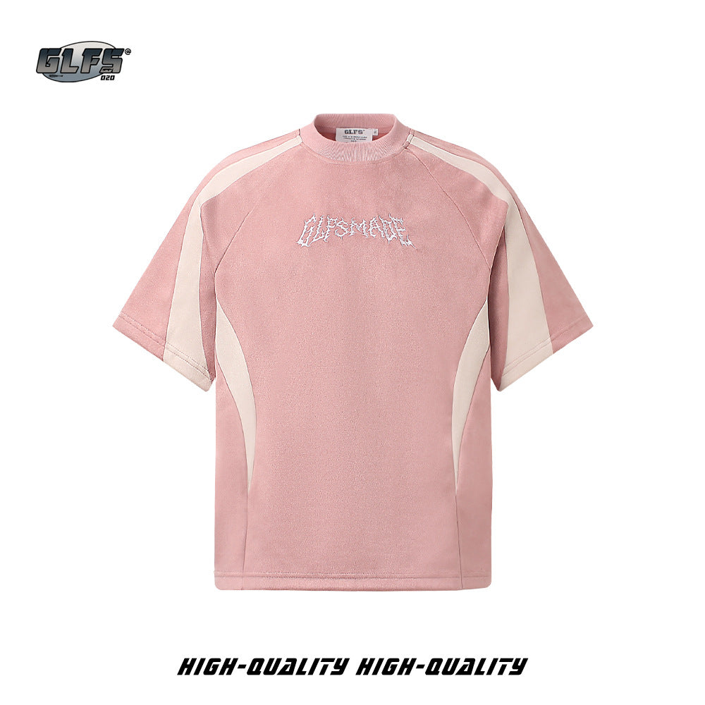 Heavyweight Suede Panel Embroidery Short Sleeve T-Shirt WN26494