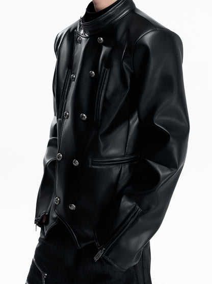 Button Double-Breasted PU Leather Jacket WN23553