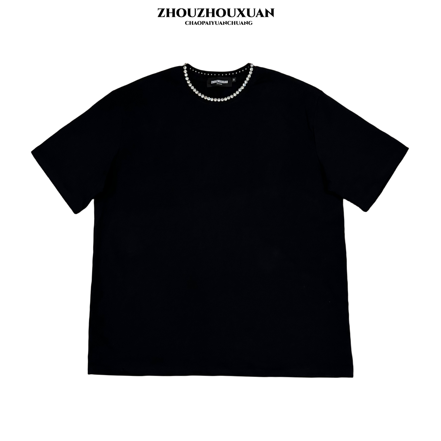 Rhinestone Neckline Heavyweight Oversize Short Sleeve T-Shirt WN20706